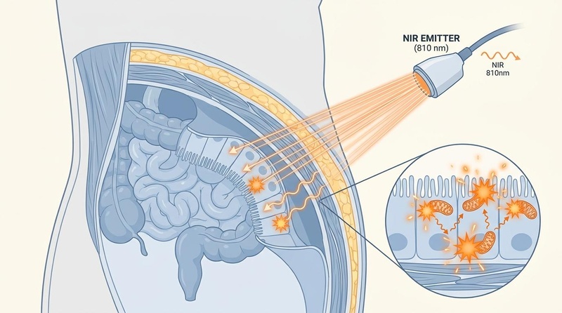 Figure 3: Near-infrared light penetrating the abdominal wall to target enterocyte mitochondria and restore gut-brain axis integrity.