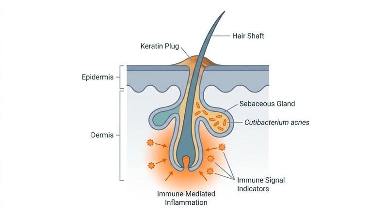 Pathological progression of acne vulgaris within the pilosebaceous unit, showing hyperkeratinization, sebum accumulation, bacterial growth, and downstream inflammatory signaling.