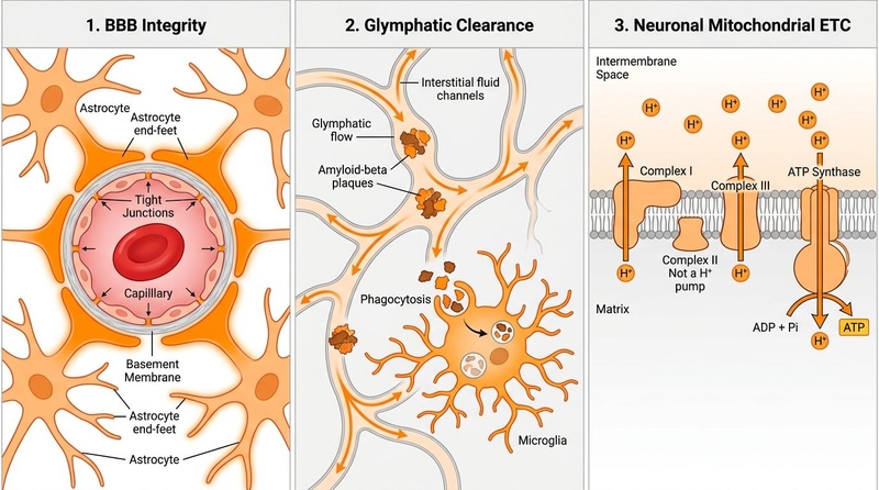 Blood-Brain Barrier, Glymphatic Clearance, and Mitochondrial Bioenergetics