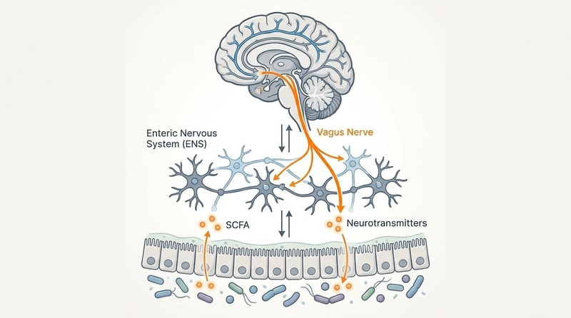 Figure 1: Bidirectional communication pathways of the gut-brain axis, integrating neurological, endocrine, and immune-mediated communication.
