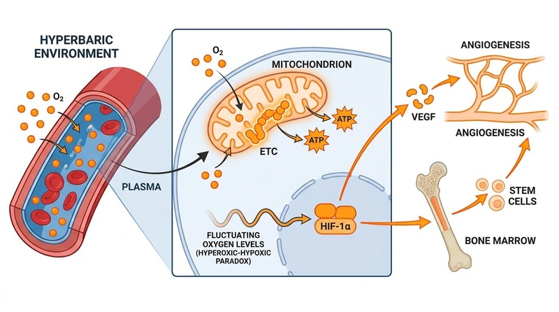 Diagram of the cellular mechanisms of HBOT, showing dissolved oxygen diffusing into mitochondria, activating the electron transport chain, and triggering the hyperoxic-hypoxic paradox to activate HIF-1α and VEGF pathways for angiogenesis and stem cell recruitment