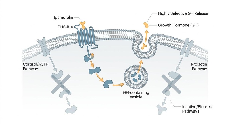 Biomedical diagram showing the highly selective binding of Ipamorelin to the GHS-R1a receptor on a somatotrope membrane, leading to isolated growth hormone release without activating cortisol or prolactin pathways.