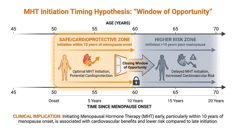 Figure 2: The Timing Hypothesis and cardiovascular safety window for Menopausal Hormone Therapy (MHT). Menopause HRT Timeline