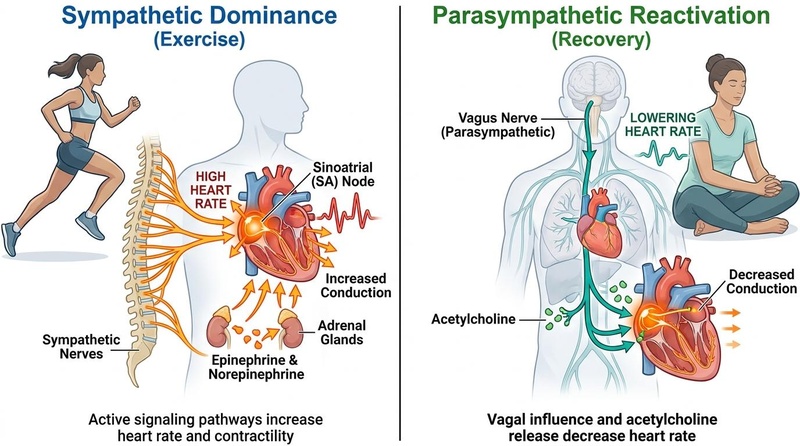 Biomedical illustration of autonomic nervous system transition showing sympathetic dominance during exercise vs parasympathetic reactivation during recovery