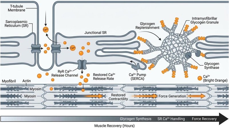 Biomedical diagram illustrating the correlation between intramyofibrillar glycogen stores, sarcoplasmic reticulum (SR) Ca2+ release channels, and post-exercise recovery kinetics