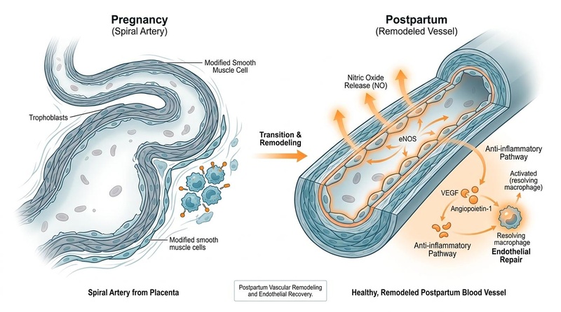 Figure 2: Vascular remodeling and postpartum endothelial recovery after hypertensive disorders of pregnancy. Postpartum Cardiovascular Reset