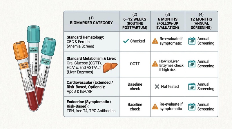 Figure 3: Postpartum biomarker panels and monitoring timeline. Postpartum Monitoring Guide