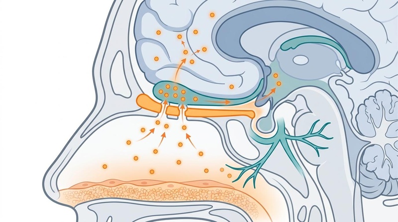 Intranasal delivery pathway of Semax peptide to the brain via the olfactory mucosa and cribriform plate.