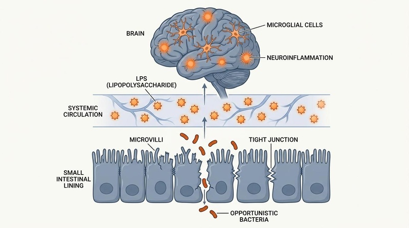 Figure 2: Mechanisms of SIBO-mediated gut-brain axis disruption, showing epithelial barrier degradation, lipopolysaccharide translocation, and neuroinflammation.