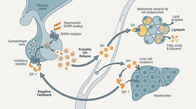 Tesamorelin physiological mechanism of action diagram showing GHRH analog binding to pituitary GHRH receptors, stimulating endogenous pulsatile growth hormone (GH) secretion, driving lipolysis in visceral adipocytes and inducing hepatic IGF-1 release with intact negative feedback.