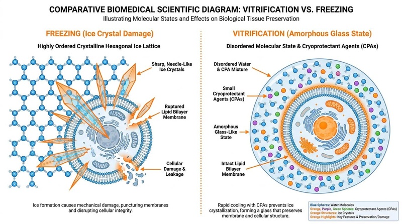 Vitrification vs. Freezing: Conventional slow freezing forms an ordered hexagonal ice lattice and sharp crystals that rupture cellular membranes. In contrast, vitrification with cryoprotectant agents (CPAs) results in a randomized, amorphous molecular glass state that preserves the cell and membrane structure intact.
