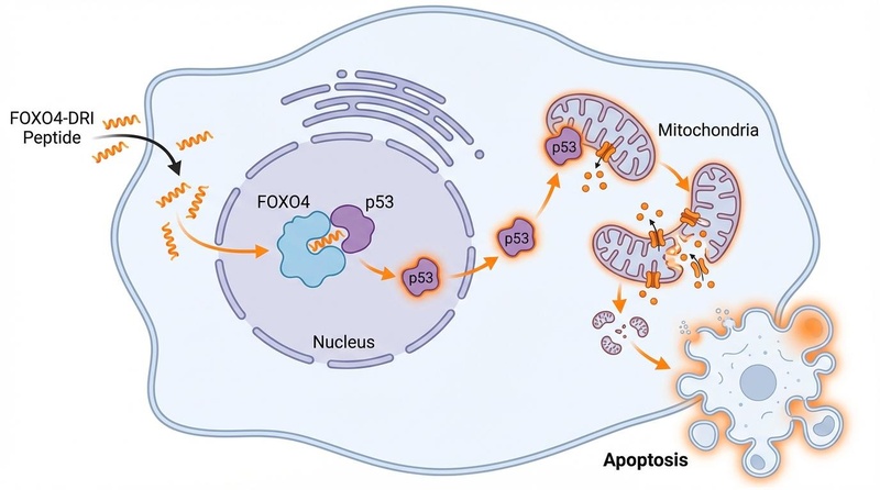Mecanismo de acción de FOXO4-DRI: La disrupción del complejo FOXO4-p53 conduce a la translocación mitocondrial de p53 y a la apoptosis en células senescentes.