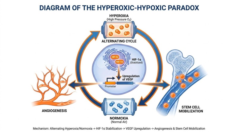 La paradoja hiperóxica-hipóxica: Las fluctuaciones en la oxigenación de los tejidos activan las vías de HIF-1α, promoviendo la expresión de VEGF, la angiogénesis y el reclutamiento de células madre