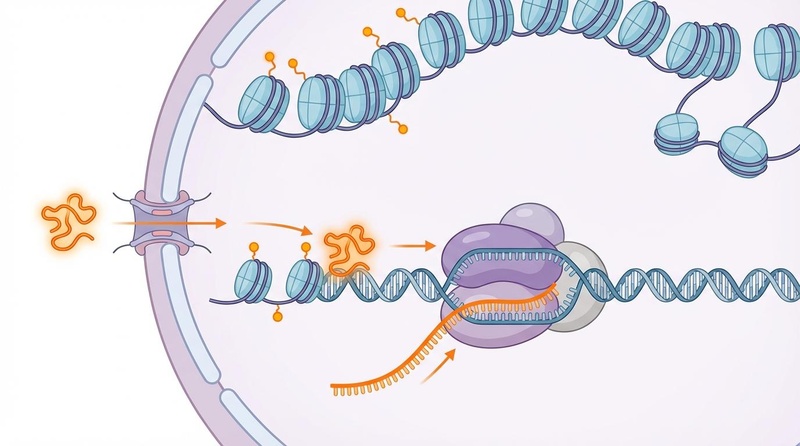 Ilustración biomédica de un biorregulador peptídico entrando en el núcleo y activando la transcripción génica