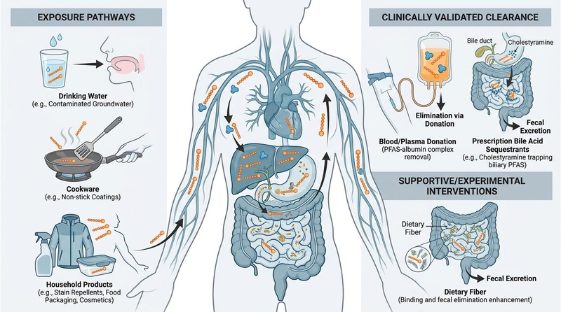 Infografía biomédica que demuestra la bioacumulación de PFAS, las vías de exposición, la eliminación validada clínicamente (donación de sangre/plasma, secuestradores de ácidos biliares) e intervenciones de apoyo (fibra dietética).