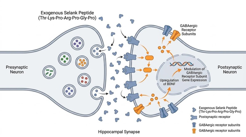 Scientific biomedical diagram illustrating the exogenous pathway of Selank peptide in a hippocampal synapse. Selank enters the synaptic cleft from the extracellular space, binds to postsynaptic receptors, upregulates BDNF, and modulates GABA-A receptor networks without being stored or released from presynaptic vesicles.