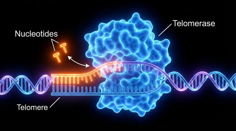 Visualización molecular de la enzima telomerasa añadiendo secuencias de nucleótidos al final del telómero de un cromosoma de ADN