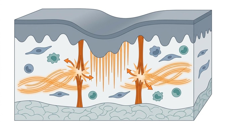 Biomedical illustration of atrophic acne scar remodeling, showing a skin cross-section with microneedling breaking up fibrotic bands and triggering organized collagen deposition. Figure: Mechanism of Atrophic Acne Scar Remodeling. Mechanical disruption of anchoring fibrotic collagen bands by microneedling or subcision stimulates fibroblasts to deposit organized collagen fibers, elevating the scar floor.