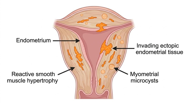 Adenomyosis: Ectopic endometrial tissue within the uterine myometrium causing reactive hypertrophy