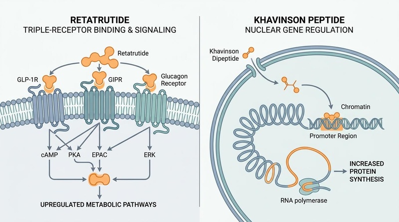 Biomedical illustration of adjacent peptide pathways, showing triple-receptor activation for retatrutide (GLP-1R, GIPR, GCGR) and epigenetic chromatin modulation for Khavinson bioregulators.