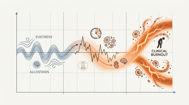 A trajectory infographic showing the progression from adaptive stress response to allostatic overload and clinical burnout.