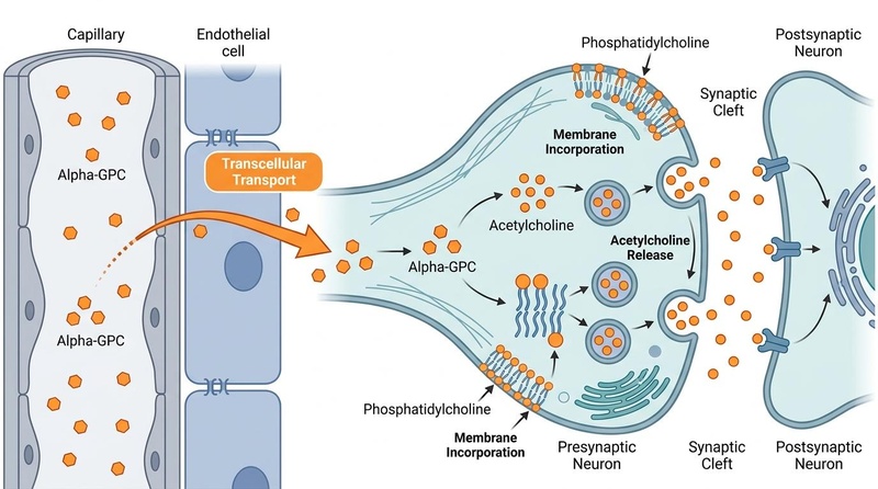 A precise biomedical diagram demonstrating transcellular transport of Alpha-GPC across BBB endothelial cells and its subsequent conversion into acetylcholine (neurotransmitter in vesicles) and phosphatidylcholine (incorporated into neuronal membranes) in the brain.