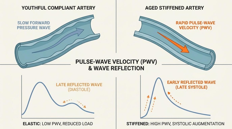 A clinical illustration comparing compliant and stiffened central arteries, showing the effects of elevated pulse-wave velocity (PWV) and accelerated wave reflection on central aortic pressure.