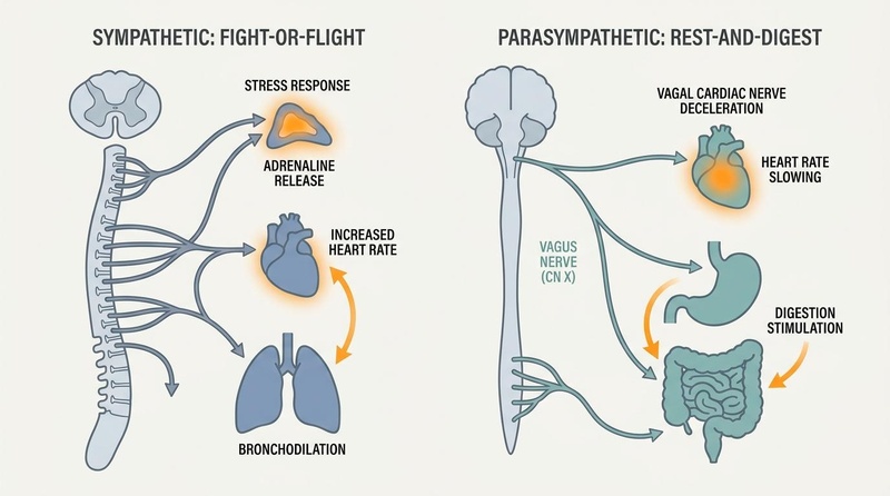A biomedical illustration depicting autonomic nervous system regulation with sympathetic and parasympathetic pathways, showing how vagal stimulation shifts autonomic balance.