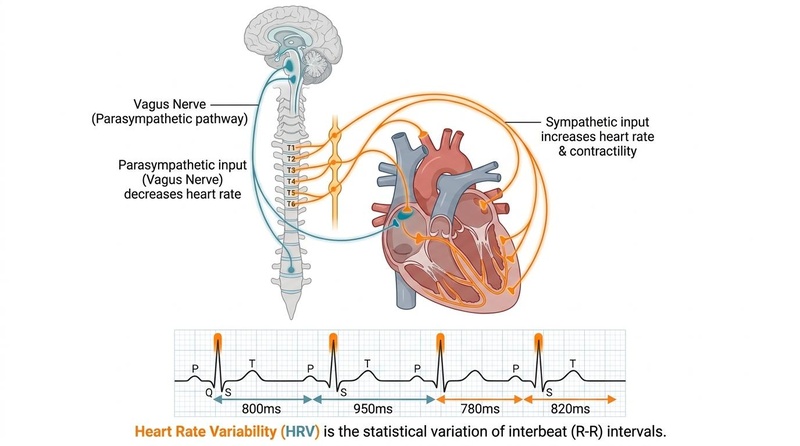 Autonomic Nervous System Regulation: Schematic of parasympathetic (blue vagus nerve) and sympathetic (orange nerves from T1-T6) pathways modulating heart rate. Below, an ECG strip illustrates heart rate variability (HRV) through statistical variation of consecutive R-R intervals. Autonomic Nervous System Regulation
