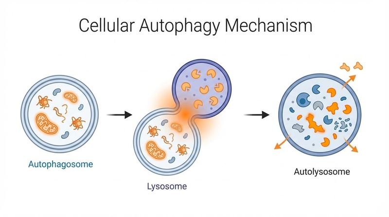 Mecanismo de Autofagia Celular: Lisosoma fusionándose con autofagosoma para reciclar desechos