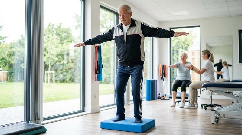 An older adult practicing professional balance exercises, standing on one leg on a blue foam balance pad with arms extended, under the supervision of a physical therapist in a bright, modern clinic.