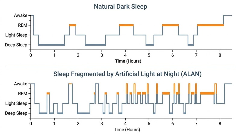 Hypnogram comparison of sleep cycle architecture. The top panel shows natural dark sleep with smooth transitions between NREM and REM sleep. The bottom panel shows sleep disturbed by artificial light at night (ALAN), with frequent micro-arousals, fragmented sleep cycles, and severely reduced time in deep sleep stages.