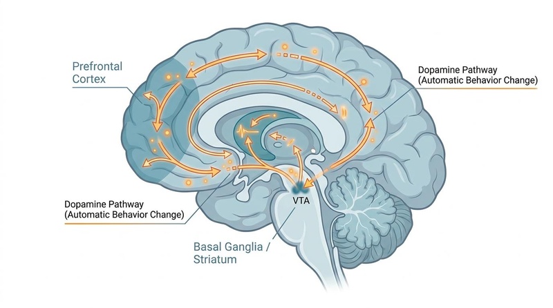 Biomedical illustration of the sagittal human brain showing the loop between the prefrontal cortex, basal ganglia/striatum, and dopamine midbrain pathways representing the habit formation circuit. Biomedical illustration of the sagittal human brain showing the loop between the prefrontal cortex, basal ganglia/striatum, and dopamine midbrain pathways representing the habit formation circuit.