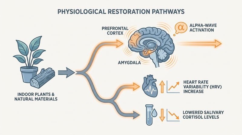 Scientific infographic showing how indoor plants and natural materials stimulate the brain's prefrontal cortex and amygdala (increasing alpha-waves), elevate heart rate variability (HRV), and decrease salivary cortisol.
