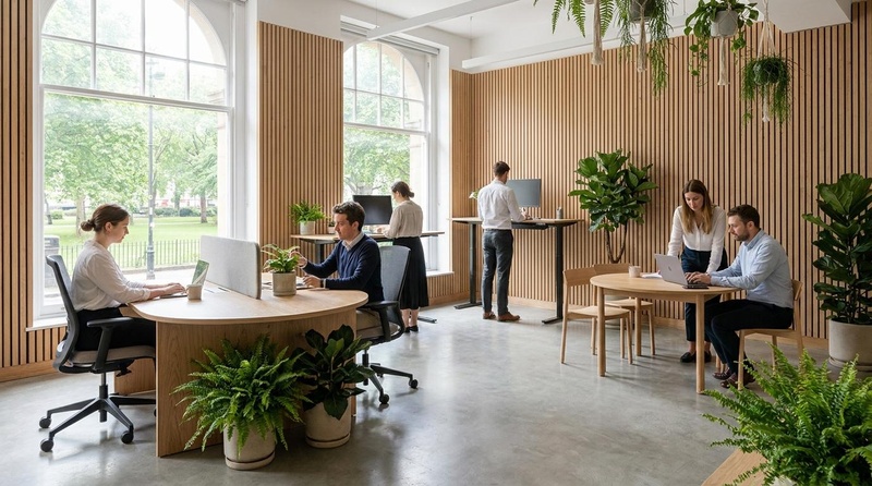 A modern, brightly lit office environment with height-adjustable desks, ergonomic chairs, lush green plants, vertical wooden slats, and large arched windows showing outdoor greenery.