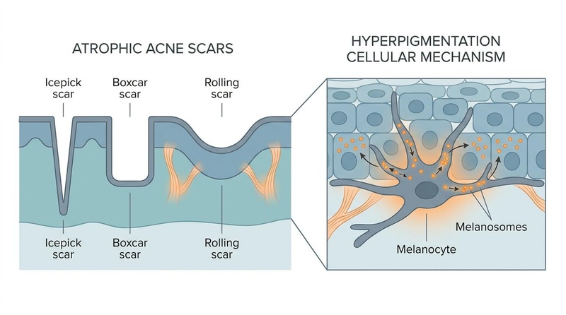 Morfologías de las cicatrices de acné atróficas y la vía celular de la hiperpigmentación. Morfologías de las cicatrices de acné atróficas y la vía celular de la hiperpigmentación. El diagrama ilustra las cicatrices icepick (en forma de V), boxcar (en forma de U) y rolling (ancladas) junto con la transferencia de melanosomas ricos en melanina desde los melanocitos a los queratinocitos.