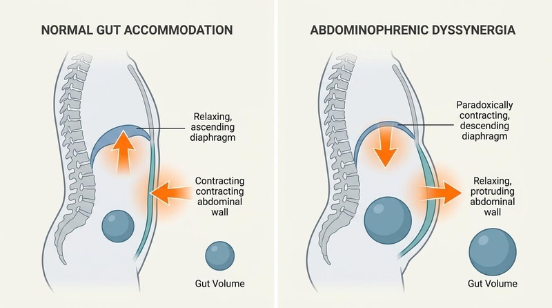 Figure 3: Side-by-side comparison of normal gut volume accommodation versus paradoxical abdominophrenic dyssynergia. Abdominophrenic Dyssynergia Mechanisms