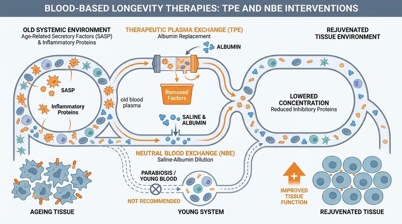 Comparative mechanism of blood-based interventions: Young Blood Transfusion (historically experimental), Therapeutic Plasma Exchange (TPE; clinically approved), and Neutral Blood Exchange (NBE/Plasma Dilution; emerging longevity protocol).