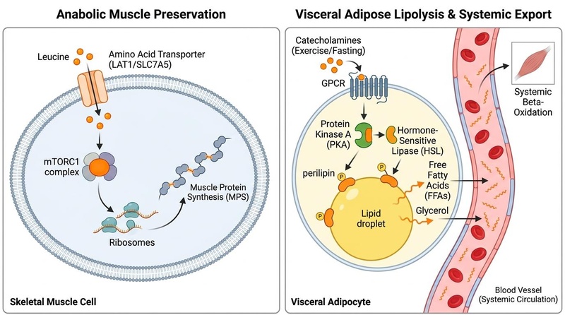 Biomedical illustration of body composition pathways, depicting the leucine-LAT1-mTORC1 axis for muscle protein synthesis and the GPCR-PKA-HSL pathway for visceral adipose lipolysis and systemic export.