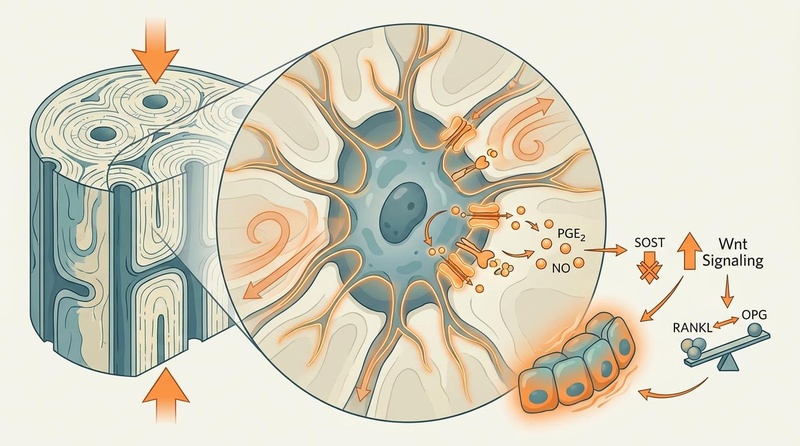Anatomical and biochemical vector illustration showing osteocyte mechanotransduction, fluid shear stress inside the bone canaliculi, and downstream Wnt pathway activation driving osteogenesis. Figure 1: Cellular mechanism of bone remodeling via mechanotransduction. Compressive force drives interstitial fluid flow within the canaliculi, stimulating osteocyte mechanoreceptors. This triggers osteoblast activation (bone formation) and inhibits osteoclasts (bone resorption).