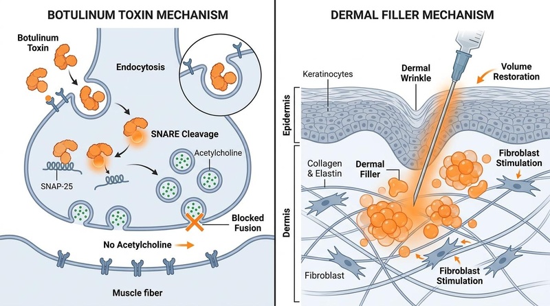 Ilustración biomédica que compara el mecanismo intracelular de la toxina botulínica (izquierda) que previene la liberación de neurotransmisores mediante la escisión de SNARE con el mecanismo extracelular de restauración de volumen de los rellenos dérmicos (derecha) en la dermis.
