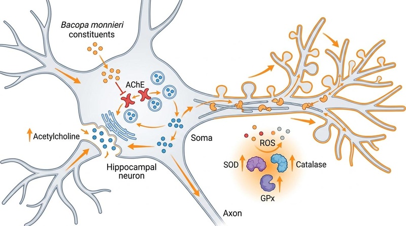Neurological mechanisms of Bacopa monnieri in the hippocampus, depicting acetylcholine upregulation, antioxidant defense enhancement, and dendritic spine proliferation. Neurological mechanisms of Bacopa monnieri