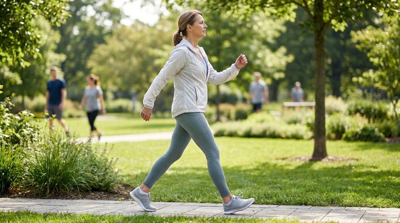 Active middle-aged woman walking briskly on a paved path in a beautiful, green park, showcasing upright posture and vigorous gait.