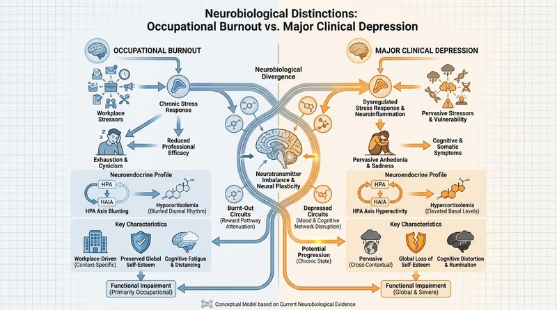 Comparative matrix of Burnout and Depression. It contrasts Burnout (HPA blunting, context-specific, preserved self-esteem) with Major Depressive Disorder (HPA hyperactivity, pervasive anhedonia, global loss of self-esteem) across neurobiological, endocrinological, and clinical symptoms.