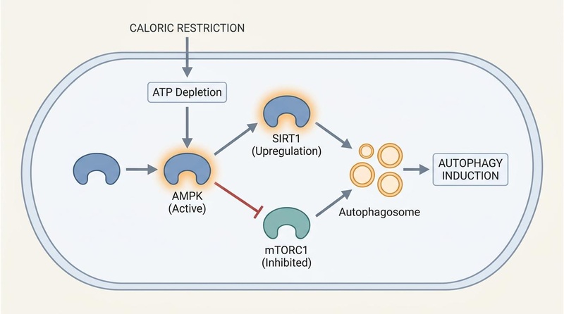 Biomedical pathway diagram illustrating molecular mechanism of autophagy induction triggered by caloric restriction.