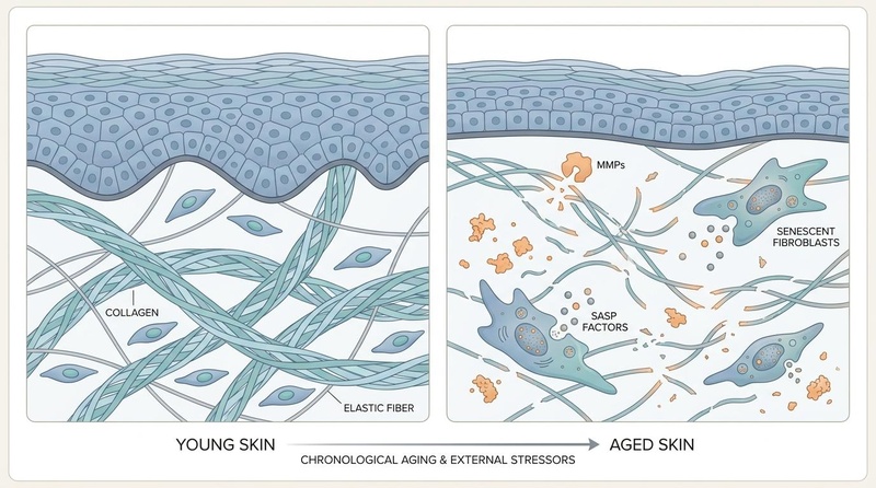 Biomedical illustration showing cross-section of aging skin layers with collagen degradation, dermal cellular senescence, and structural flattening.