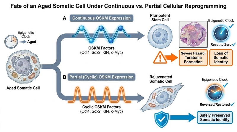 Editorial biomedical illustration of cellular reprogramming pathways. Shows somatic cells bifurcating into two distinct routes: continuous Yamanaka factor expression (leading to full pluripotency and teratoma/cancer risk) versus transient/partial reprogramming (resetting DNA methylation and biological age while retaining cell identity). styled with slate-gray lines, muted blue and teal forms, and subtle warm orange highlights on a clean off-white background.