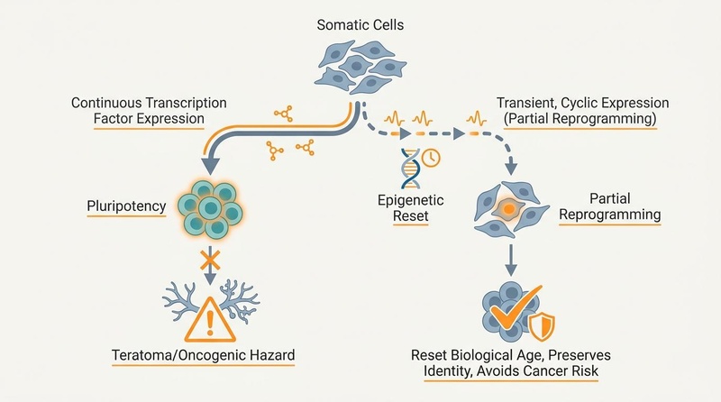 A detailed biomedical illustration explaining partial cellular reprogramming. Somatic cells are exposed to Yamanaka factors (OSKM), shifting their epigenetic state. The diagram uses slate-gray lines, muted blue and teal forms on an off-white background, with warm orange emphasis highlighting the safe rejuvenative zone (partial reprogramming) versus the hazardous pluripotency zone (teratoma/cancer risk).