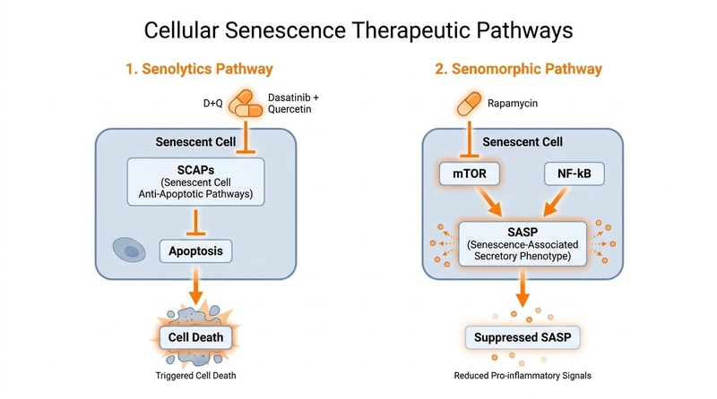 Molecular pathways of cellular senescence showing mechanisms of senolytics and senomorphics
