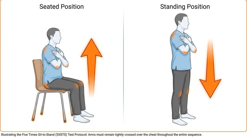 Five Times Sit-to-Stand (5XSTS) Test Protocol setup and posture